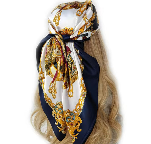 Navy Chain Silk Scarf